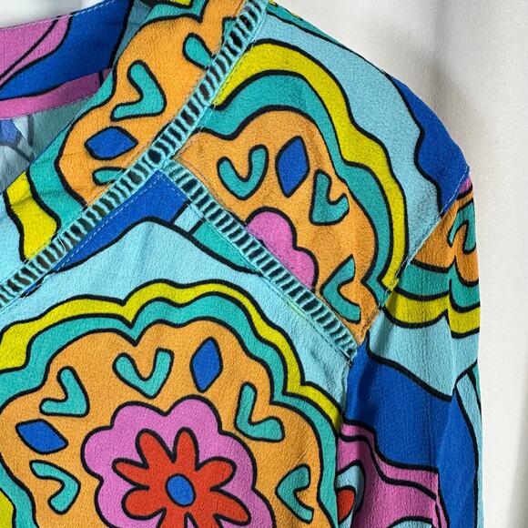 John Mark‎ Pink Blue Geometric Floral V-neck Blouse M Colorful Retro Boho Artsy - Picture 4 of 10